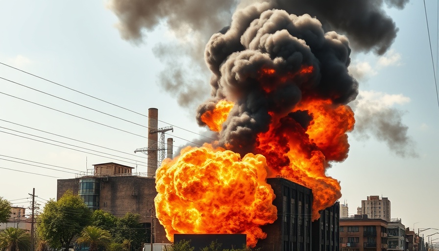 Industrial building on fire with thick smoke rising, symbolizing conflict in nuclear context.