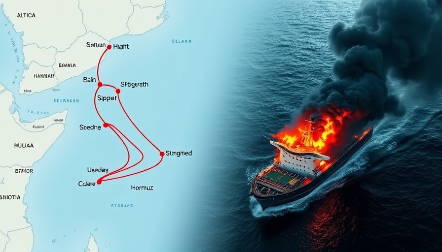 Map showing GPS interference in Strait of Hormuz and burning ship.