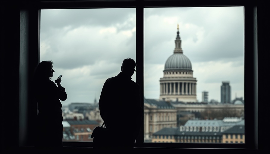 Silhouetted figures by window with St. Paul's view, London skyline