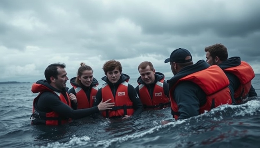 People in life jackets in English Channel crisis scene.