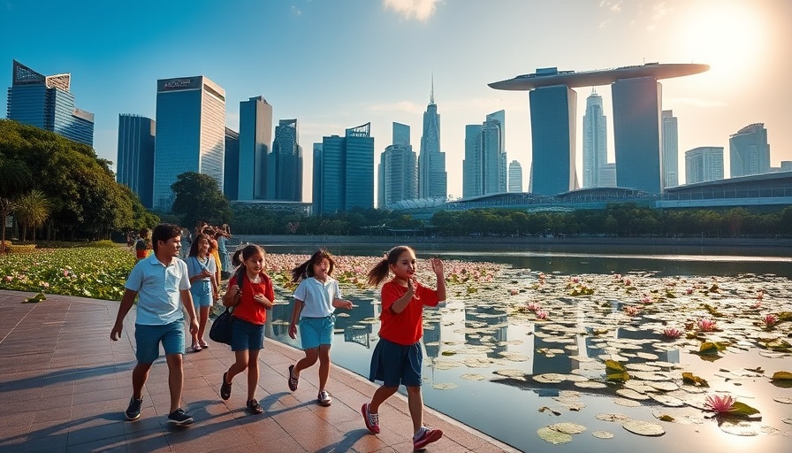 Children near lily pond with Singapore skyline, revenue growth.
