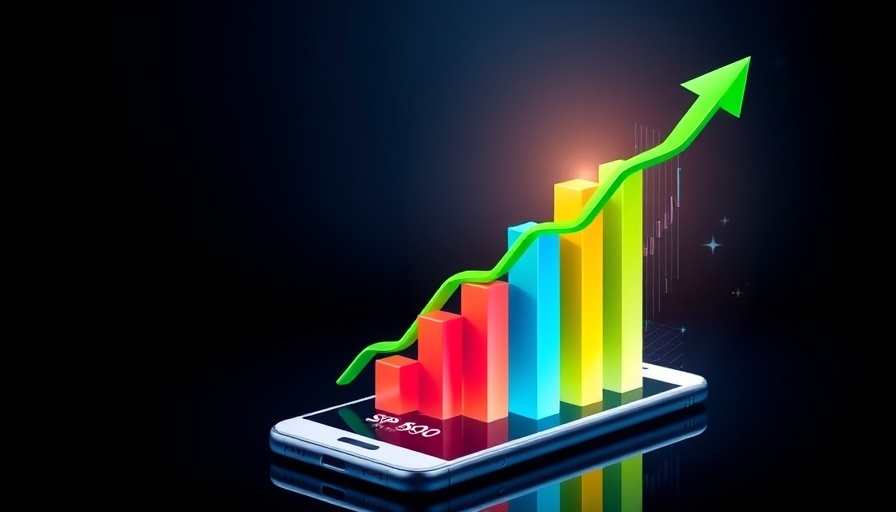 Illustration of financial growth with bar chart and arrow on phone.