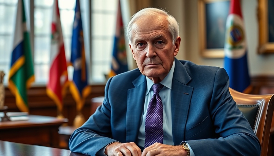 Portrait of older man seated in office setting with flags.