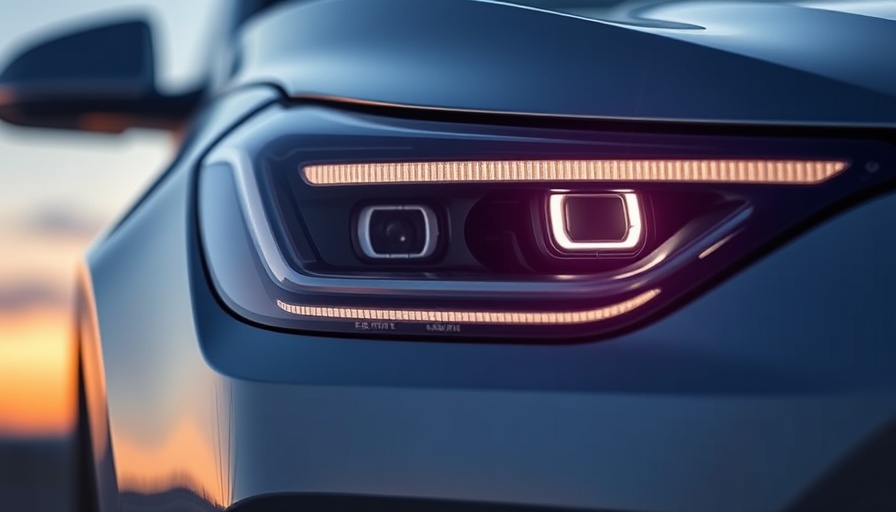 Close-up of sleek electric vehicle headlight with LED lights.