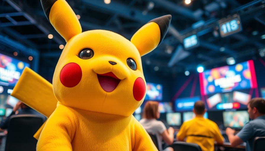 Pikachu mascot at gaming event with commentators in the background.