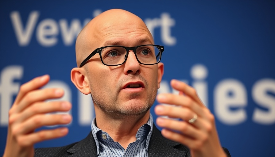 Bald man speaking dynamically against a blue conference backdrop.