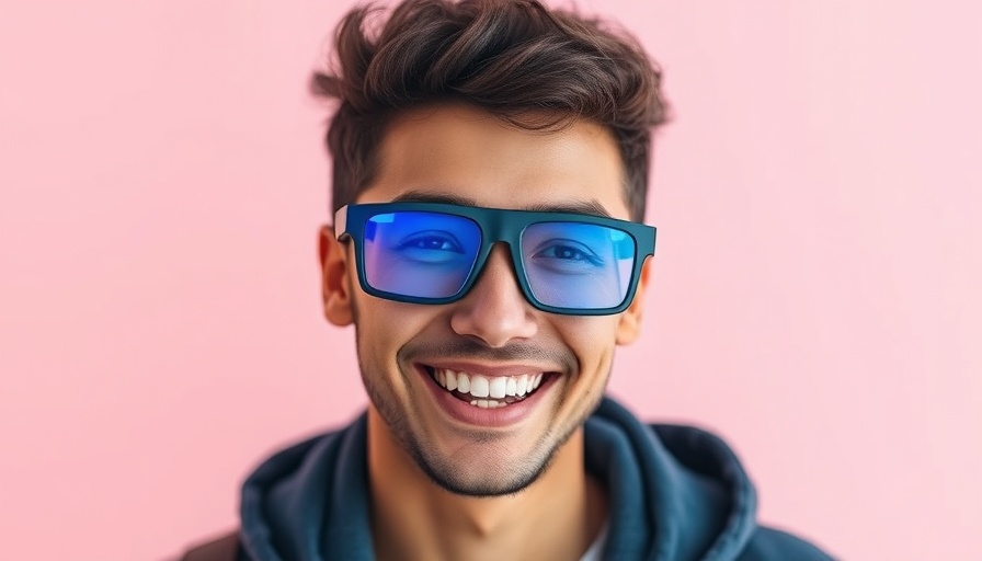 Man wearing AI smart glasses smiling against a soft pastel background.