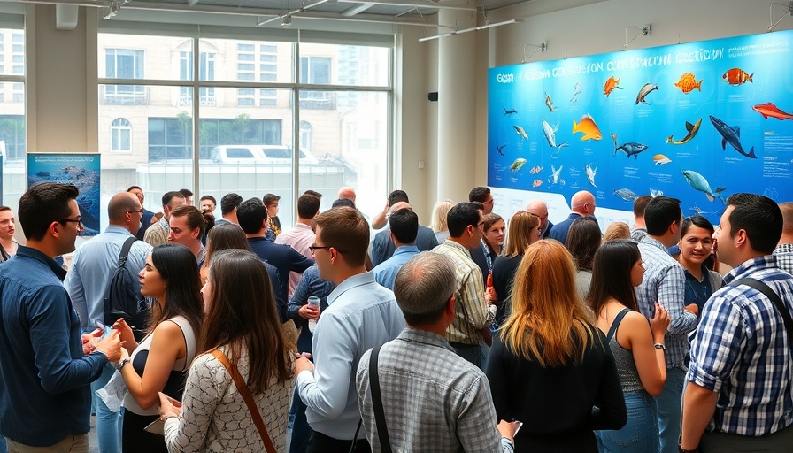 High seas treaty conference with ocean-themed displays and networking.