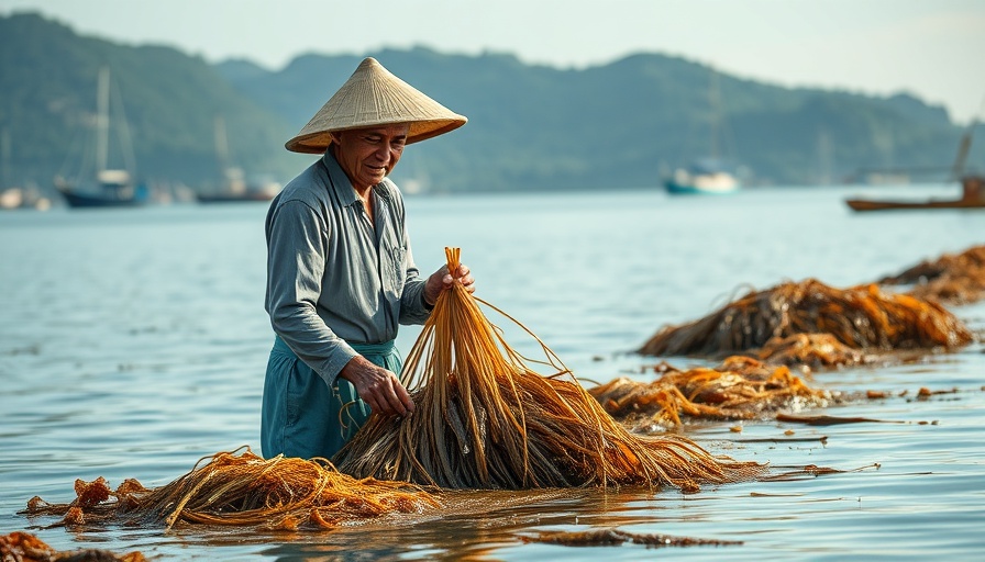 Seaweed farmer engaged in sustainable living practices by the coast.
