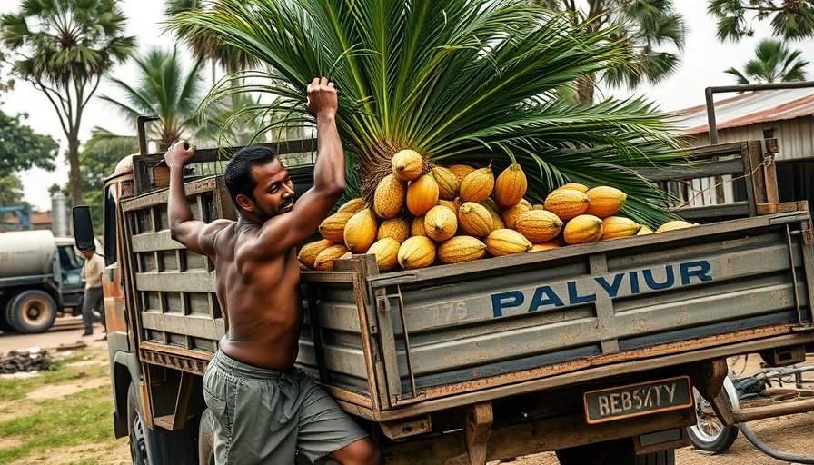 Worker loads palm fruit onto truck in palm oil industry setting.