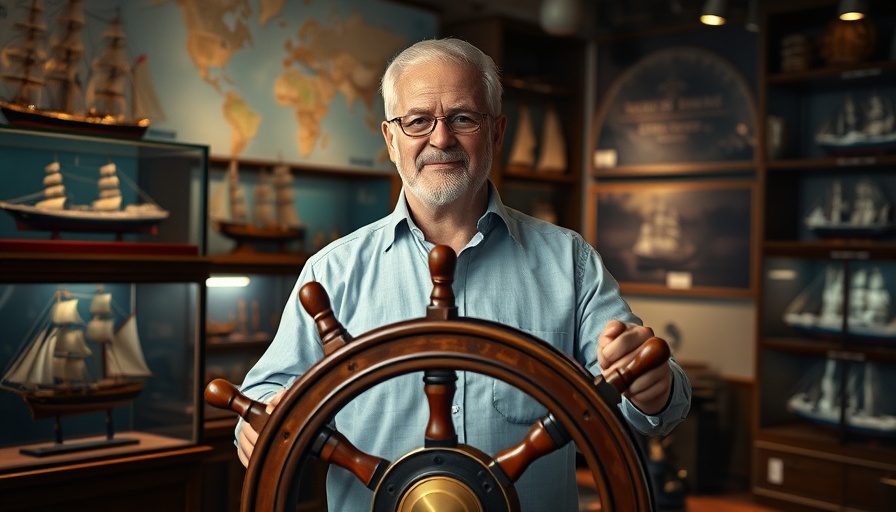 Decarbonising marine logistics concept with man at ship wheel in maritime exhibition.