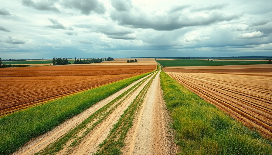 Expansive rural land after rain with dirt road under cloudy sky.