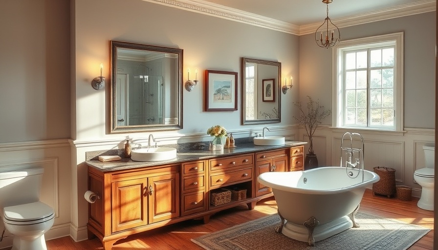 Elegant vintage-style bathroom in home for sale, featuring dual sinks and freestanding tub.