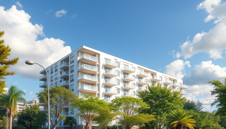 Modern condo building exterior with trees and blue sky, ideal for condo inspections context.
