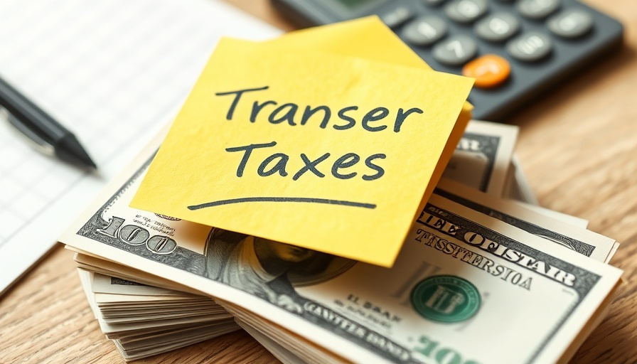 Transfer taxes note on money stack with office essentials.