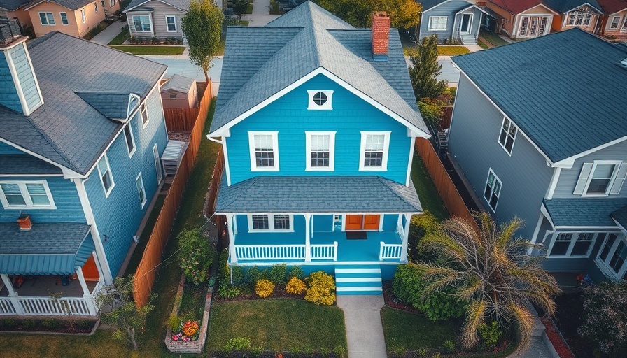 Suburban blue house aerial view in a peaceful neighborhood.