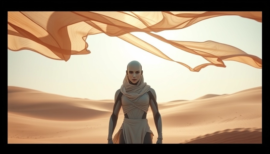 Elegant futuristic model in desert with flowing fabrics, AI video generation model.