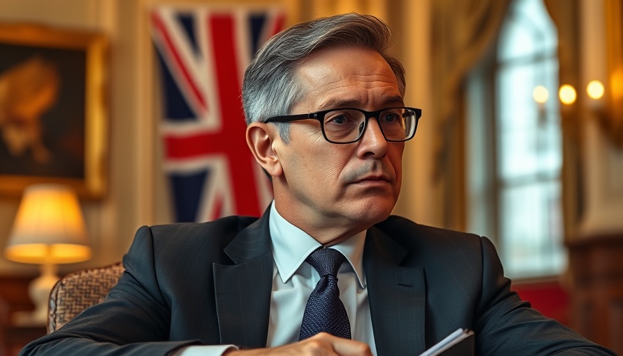 Thoughtful man in formal setting with British flag.