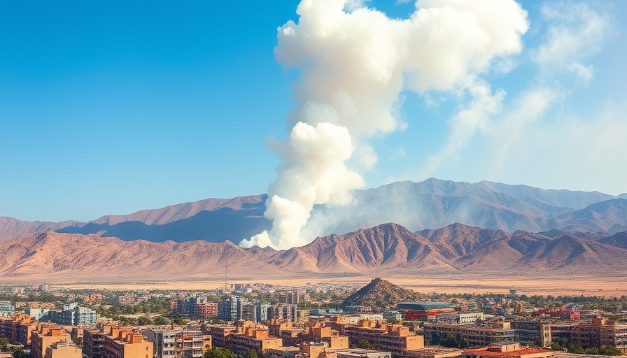Smoke rising over mountains near urban area, Iran Israel conflict resolution.