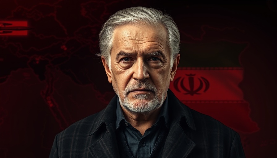 Serious man in red tie against Iran map and missile graphics backdrop.