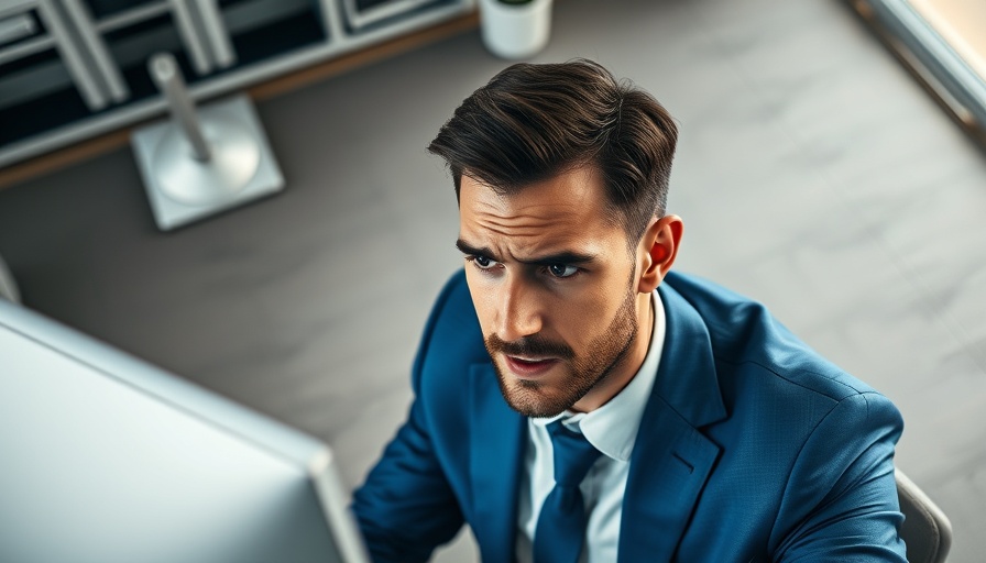 Stressed man in blue suit at desk, triple threat worker well-being.