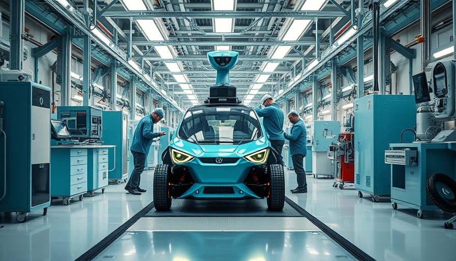 Zoox robotaxi manufacturing facility interior with workers and vehicle assembly.