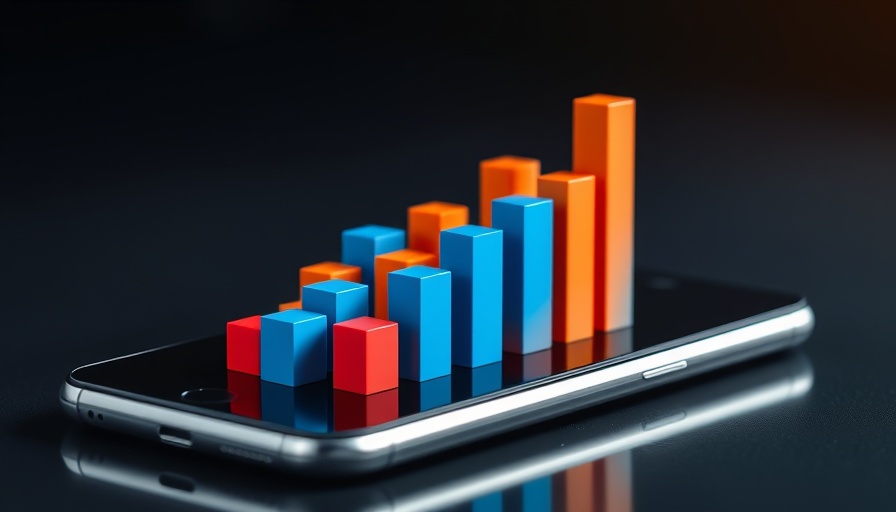 3D bar chart rising from smartphone screen, black background.
