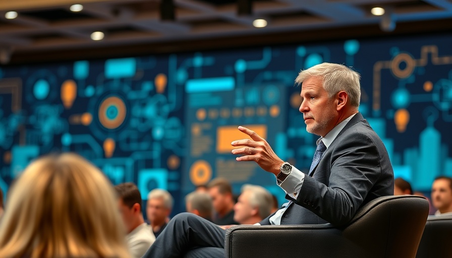 Confident man discussing business startup funding at tech conference.