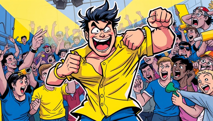 Cartoon figure in yellow shirt tearing it off amid cheering crowd, comic-style.