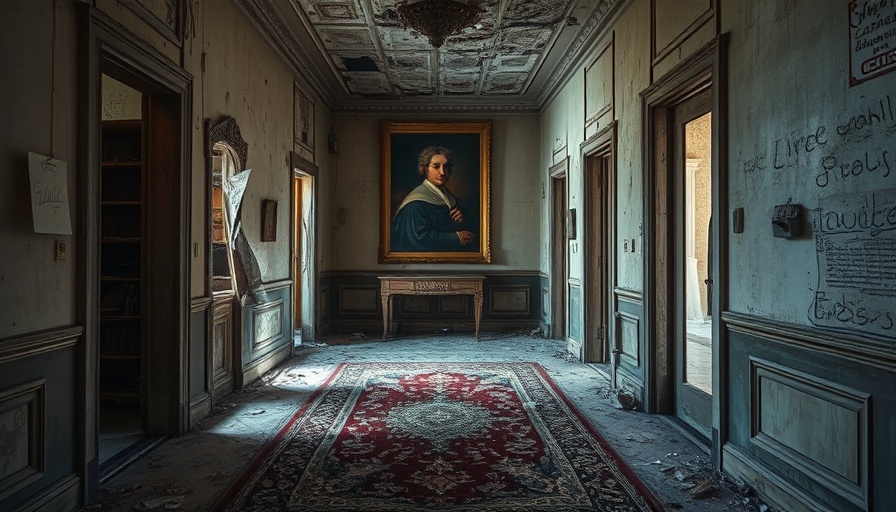 Damaged hallway with hanging rug, symbolizing tense diplomatic relations.
