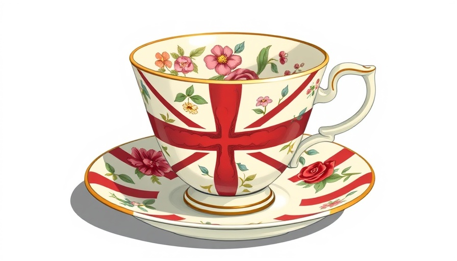 Stylized teacup on British flag, illustrating White British identity's impact on culture.