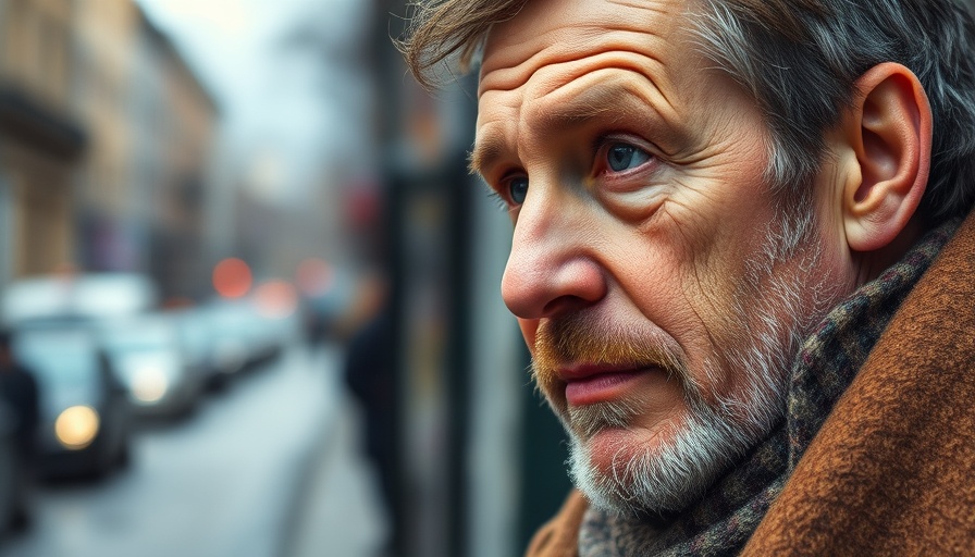 Contemplative man in urban setting, relating to insider trading.