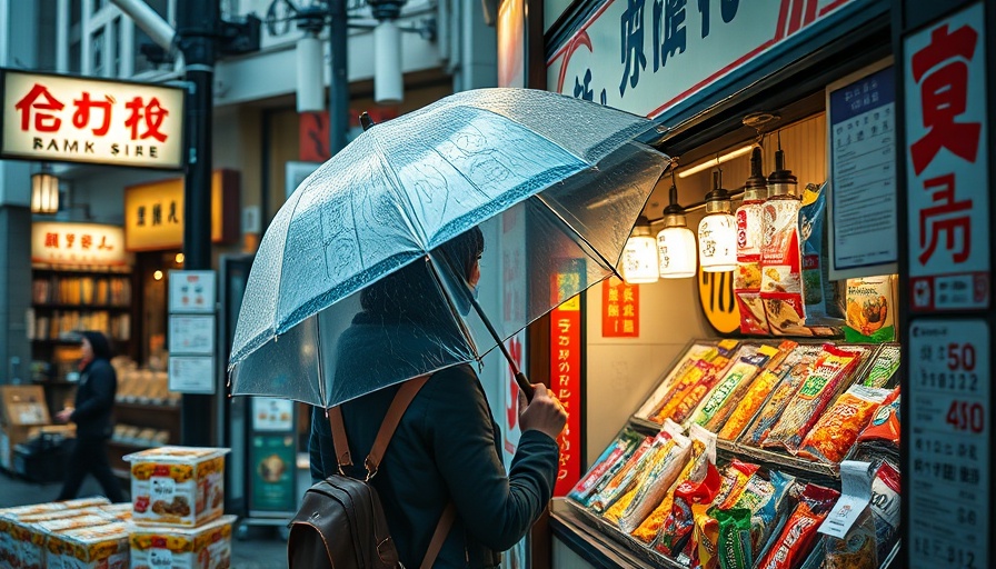Person with umbrella at Japanese snack store amid rain, highlighting Japan's core inflation.