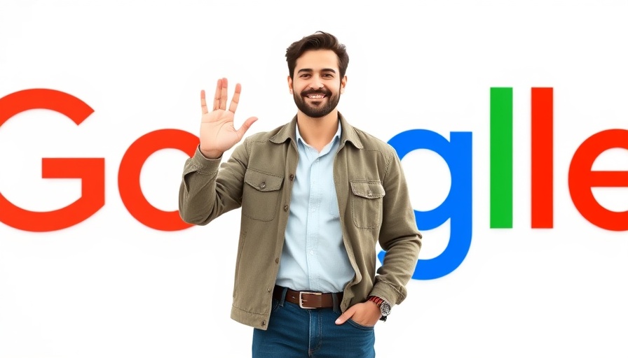 Casually dressed man waving in front of Google logo, Google antitrust ruling.