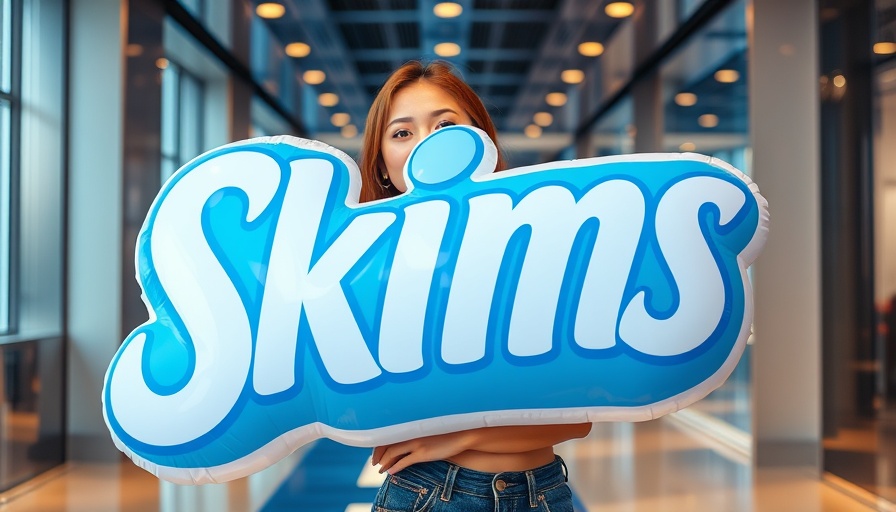 Woman posing behind Skims logo, showcasing clothing.