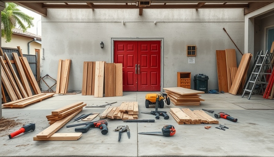 Outdoor home renovation workshop with tools and materials scattered.