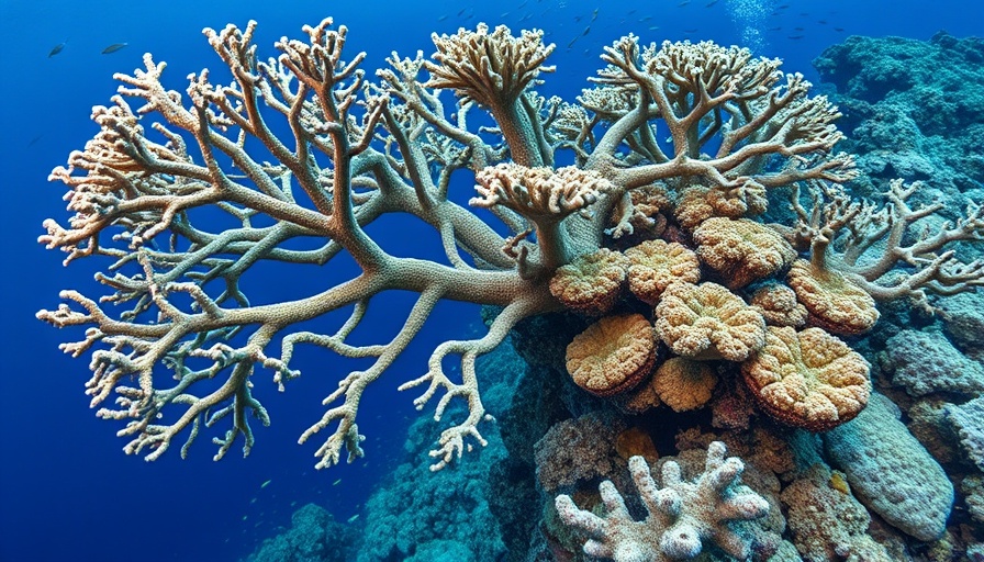 Coral reef affected by ocean acidification with diverse marine life.