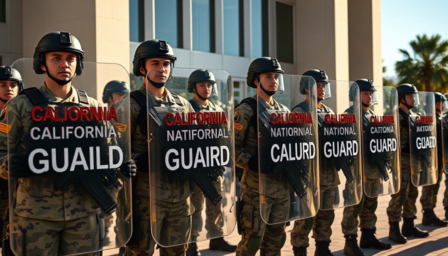 Trump control California National Guard with soldiers lined up outside building.