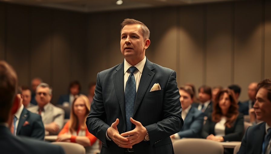Man in suit demonstrating the art of persuasion in business debate.