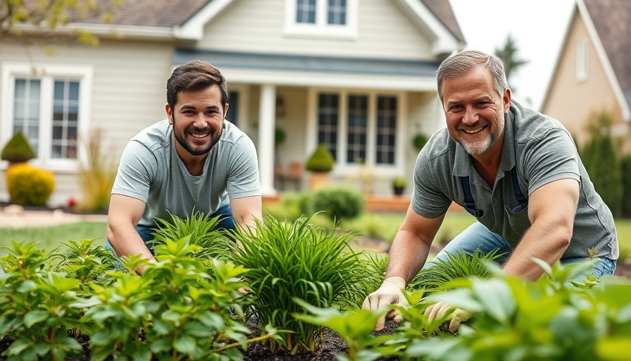 Men enjoying vibrant garden design in front of suburban house.