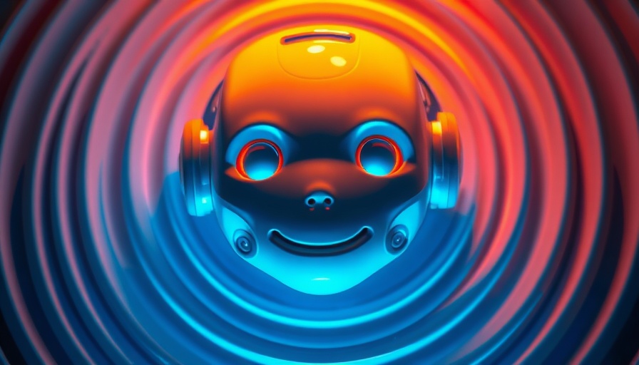 3D pixelated robot face in ripple pattern with blue and orange hues.