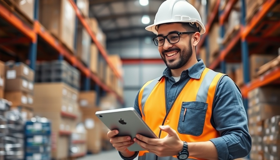 Warehouse worker managing traceable exports with a tablet.