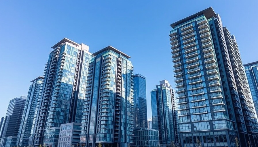 Modern condo buildings under blue sky, urban architecture.