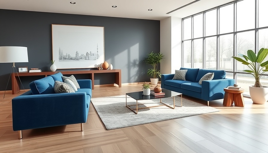Spacious living room staged to sell with blue sofas and art.