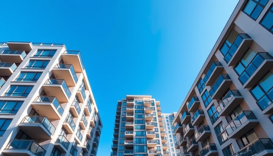 Modern condo buildings against clear sky, showcasing architectural features.