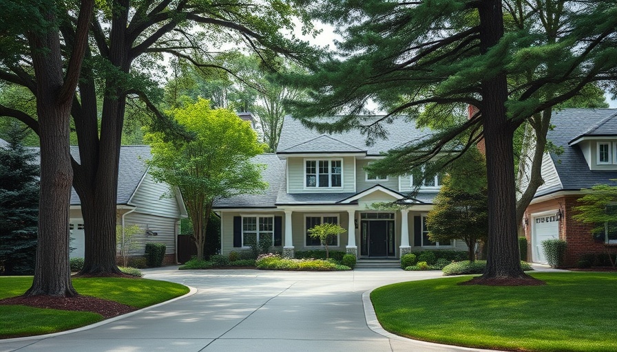 Modern suburban home surrounded by greenery and driveway.