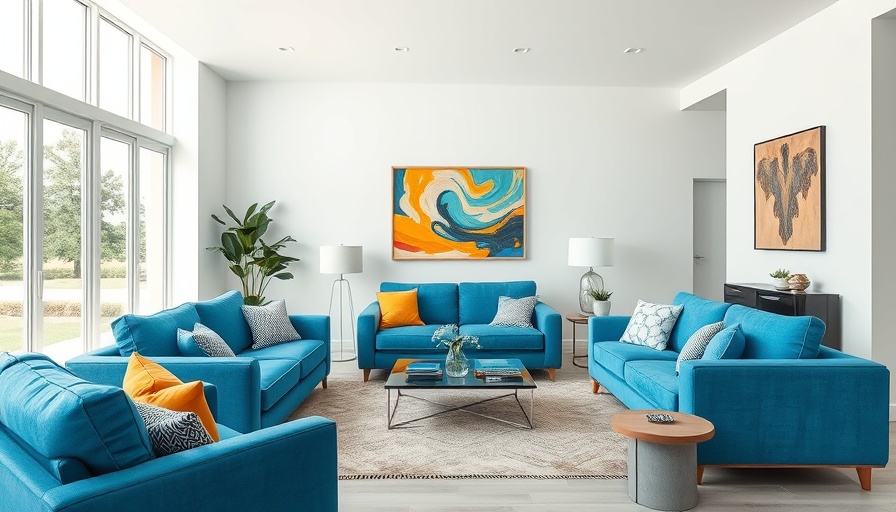 Modern living room beautifully staged to sell with blue sofas and bright decor.