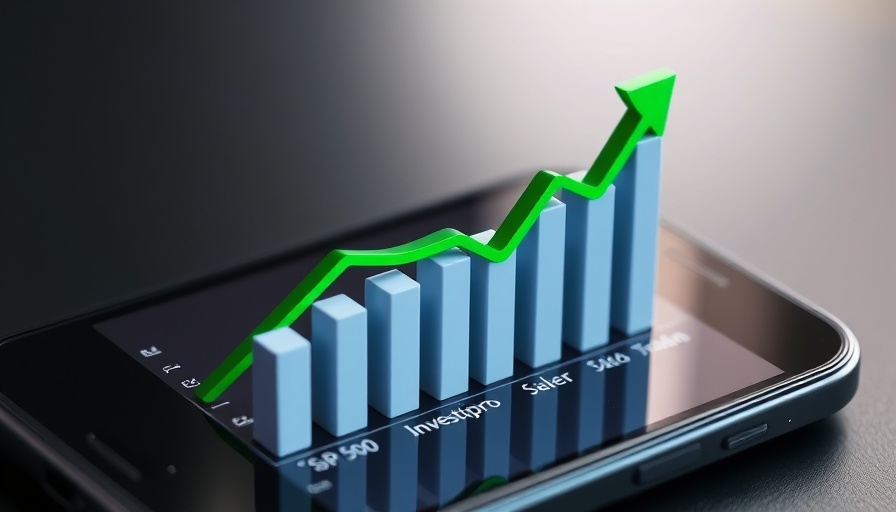 3D bar chart with upward arrow on smartphone screen, indicating stock market trends.