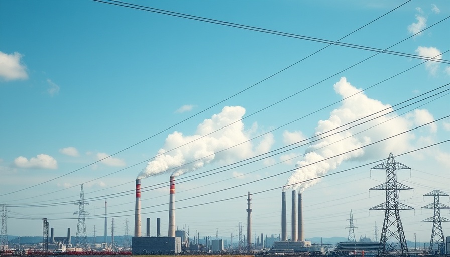 Industrial power plant under power lines related to stock market news.