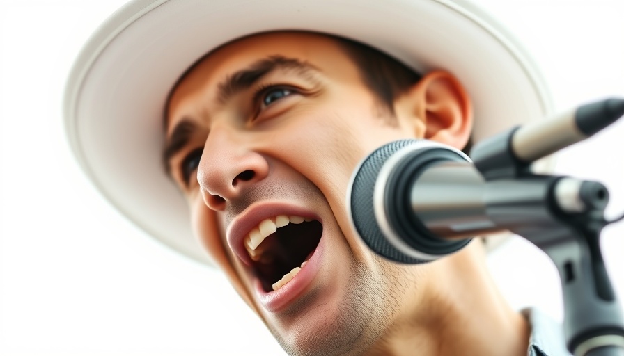 Person wearing a white hat speaking into a microphone, bright background.